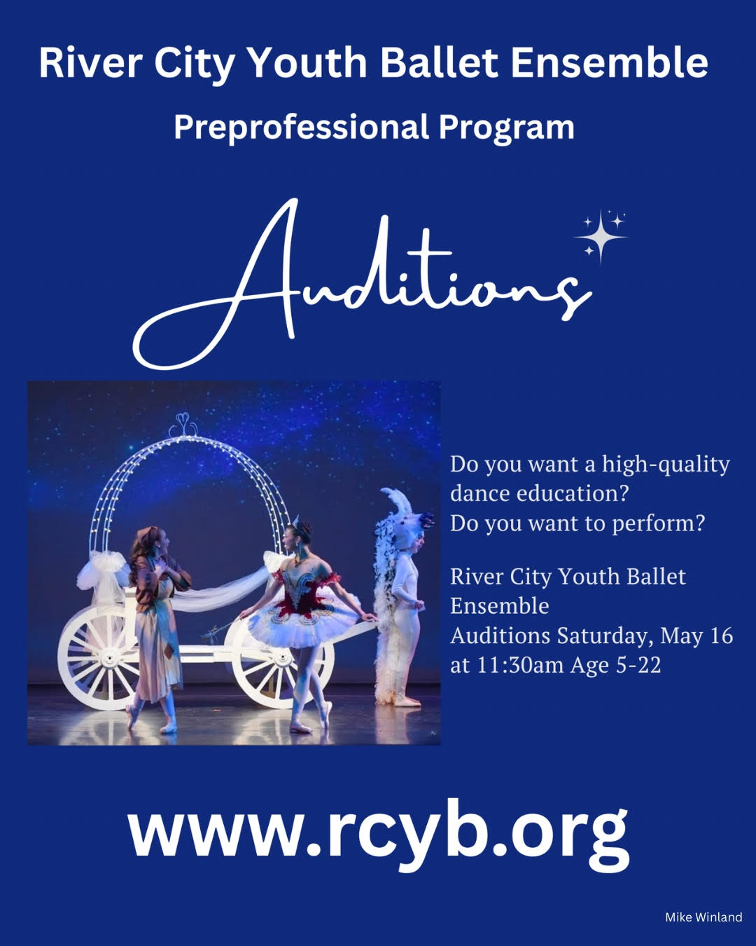 	<p>Do you want a high-quality dance education?<br />
Do you want to perform?<br />
Do you want to make friends you’ll have for a lifetime?</p>
<p>River City Youth Ballet Auditions<br />
Saturday, May 16th 2026<br />
11:30 AM, age 5-22</p>
