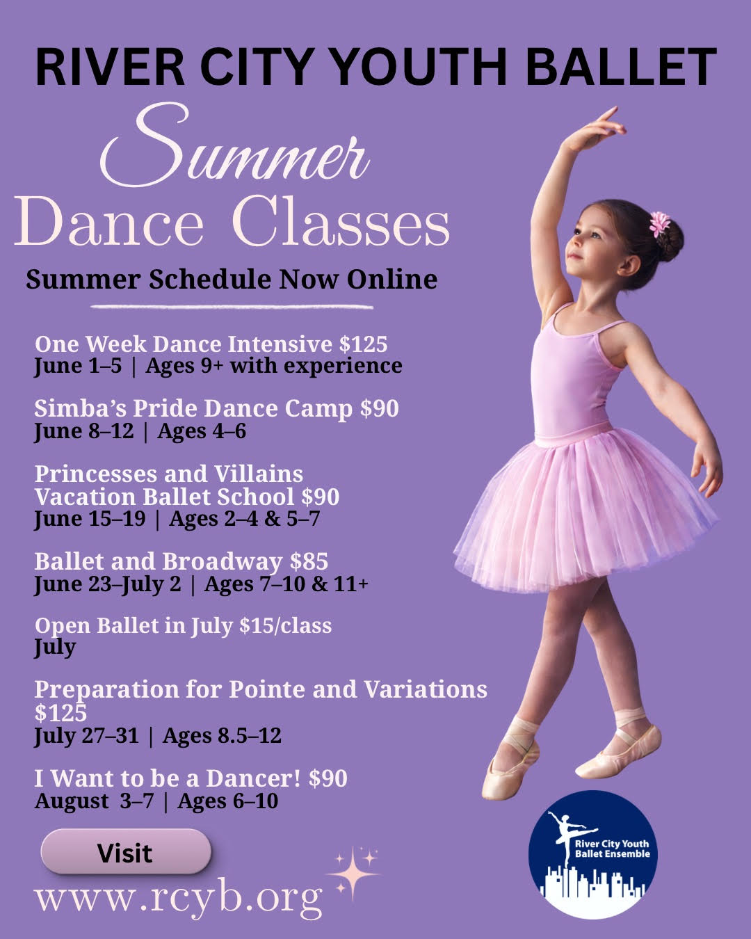 	<p>Classes will be held Monday and Thursdays.<br />
July 6-23<br />
$15.00 per class.</p>
<p>Advanced/Intermediate age 11+<br />
Mondays and Thursdays from 6-7:15</p>
<p>Dancers age 7-10<br />
Thursdays from 5:00-6:00</p>
